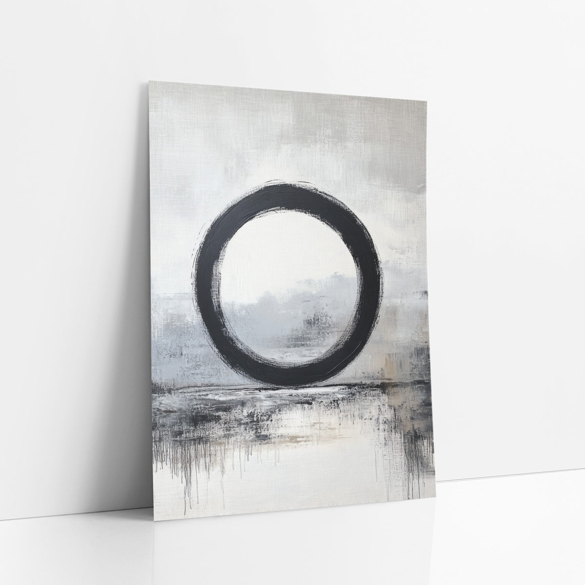 Grounded Enso Gray Reflections art print leaning against a white wall – black enso brush circle over a soft gray and cream