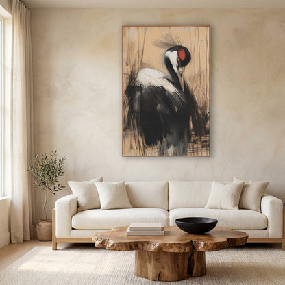 Crane Preening Amber Reeds Charcoal wall art in a calm Japandi-style room – charcoal and chalk style crane with bowed