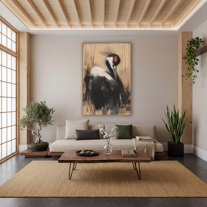 Crane Preening Amber Reeds Charcoal wall art in a calm Japandi-style room – charcoal and chalk style crane with bowed