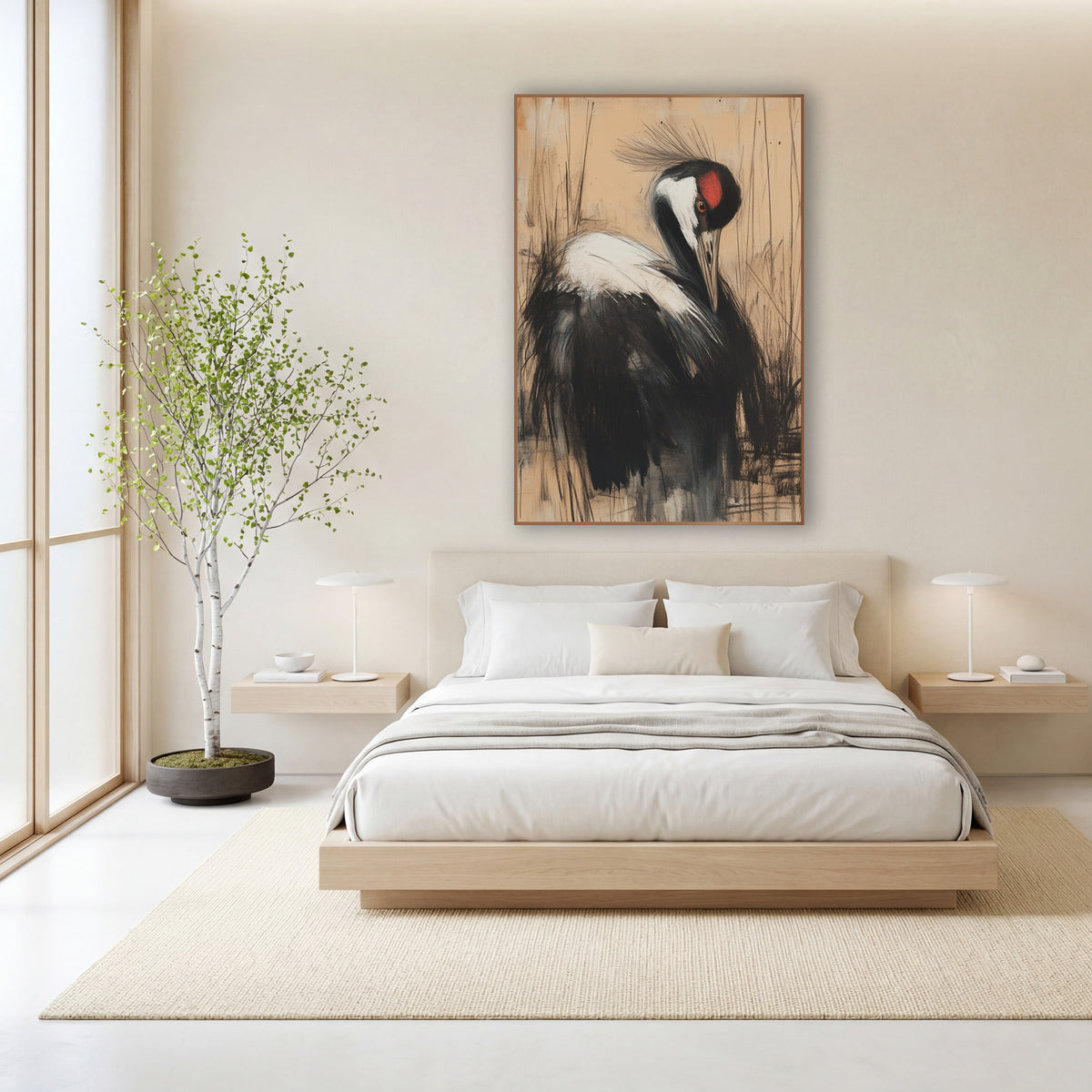 Crane Preening Amber Reeds Charcoal wall art in a calm Japandi-style room – charcoal and chalk style crane with bowed
