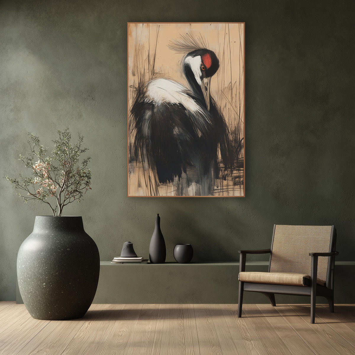 Crane Preening Amber Reeds Charcoal wall art in a calm Japandi-style room – charcoal and chalk style crane with bowed