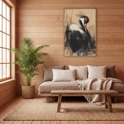 Crane Preening Amber Reeds Charcoal wall art in a calm Japandi-style room – charcoal and chalk style crane with bowed
