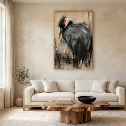 Gray Crane Charcoal Sketch Japandi wall art in a calm Japandi-style room – gray crane with white neck and red face