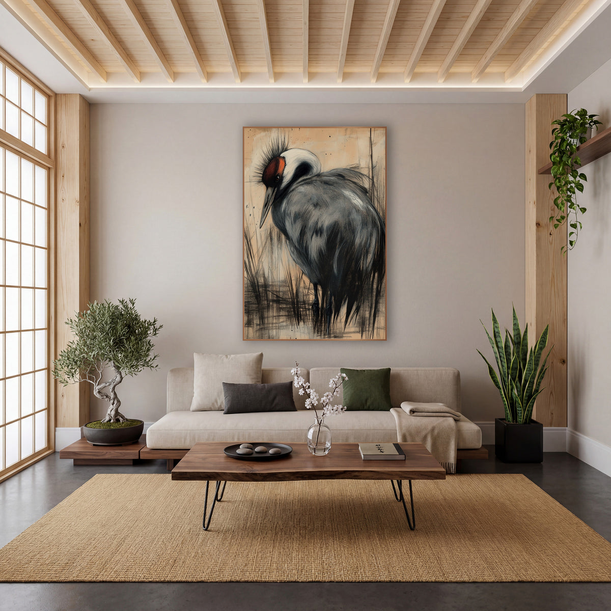 Gray Crane Charcoal Sketch Japandi wall art in a calm Japandi-style room – gray crane with white neck and red face