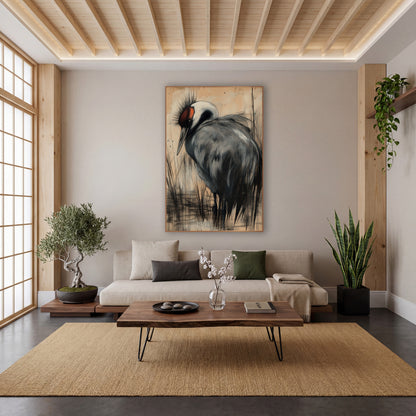 Gray Crane Charcoal Sketch Japandi wall art in a calm Japandi-style room – gray crane with white neck and red face