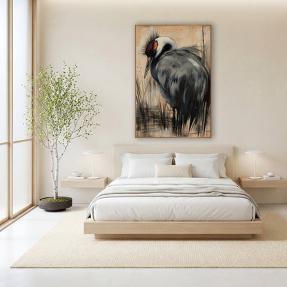 Gray Crane Charcoal Sketch Japandi wall art in a calm Japandi-style room – gray crane with white neck and red face