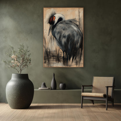 Gray Crane Charcoal Sketch Japandi wall art in a calm Japandi-style room – gray crane with white neck and red face