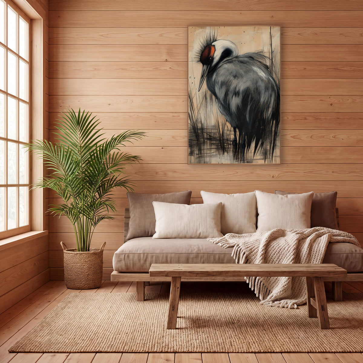 Gray Crane Charcoal Sketch Japandi wall art in a calm Japandi-style room – gray crane with white neck and red face