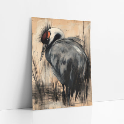 Gray Crane Charcoal Sketch Japandi art print leaning against a white wall – gray crane with white neck and red face bowing