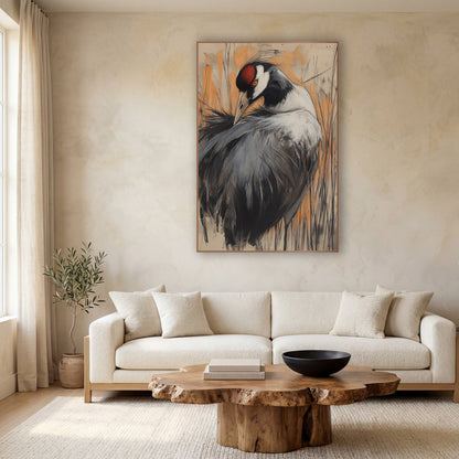 Preening Crane Charcoal Sketch Bird wall art in a calm Japandi-style room – crane with bowed head and red crown