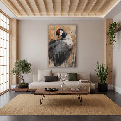 Preening Crane Charcoal Sketch Bird wall art in a calm Japandi-style room – crane with bowed head and red crown