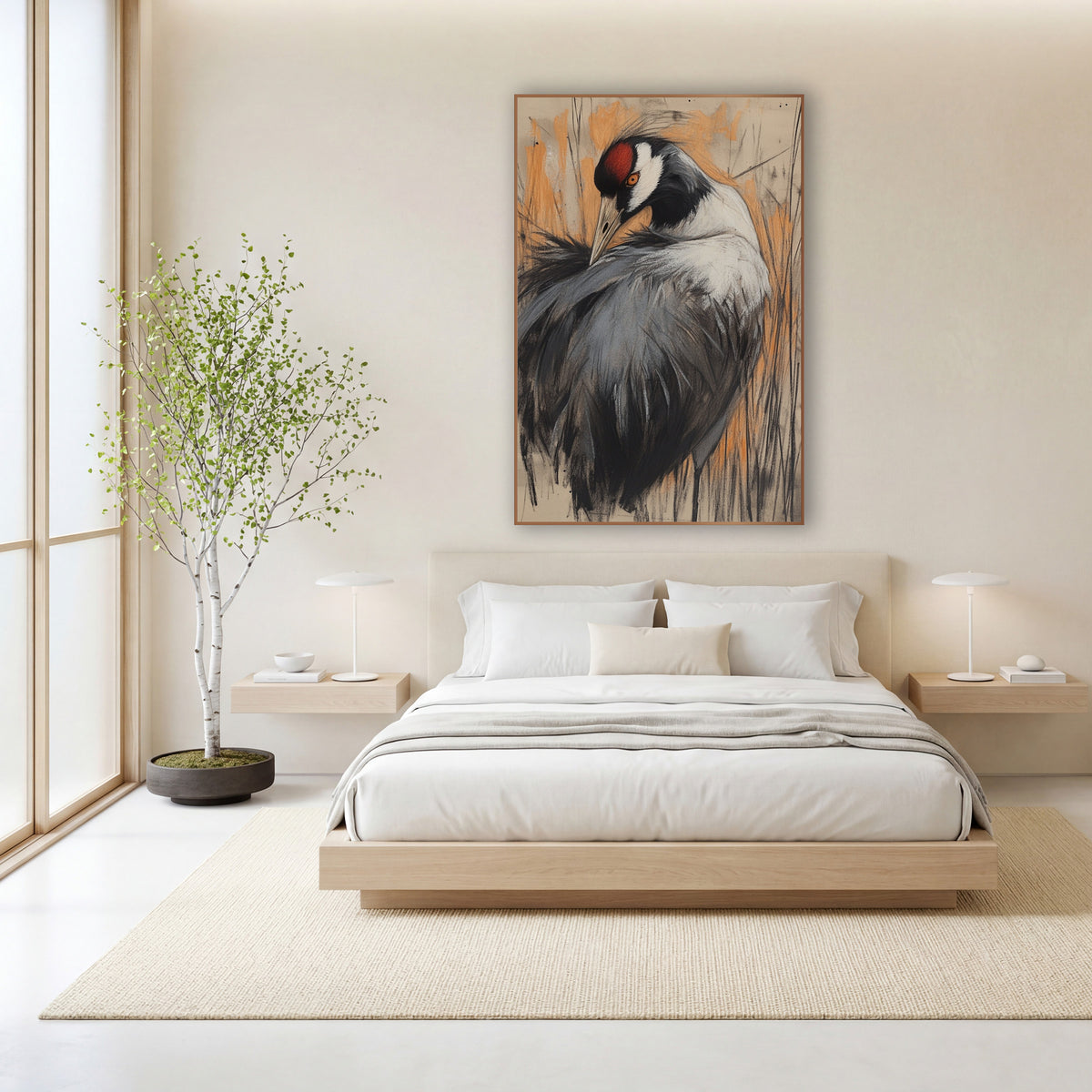 Preening Crane Charcoal Sketch Bird wall art in a calm Japandi-style room – crane with bowed head and red crown