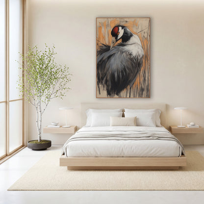 Preening Crane Charcoal Sketch Bird wall art in a calm Japandi-style room – crane with bowed head and red crown
