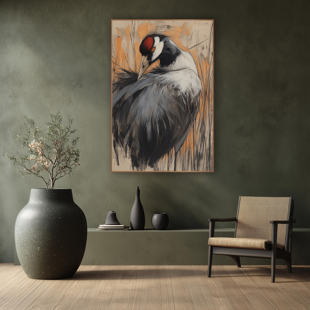 Preening Crane Charcoal Sketch Bird wall art in a calm Japandi-style room – crane with bowed head and red crown