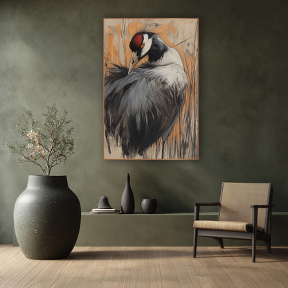 Preening Crane Charcoal Sketch Bird wall art in a calm Japandi-style room – crane with bowed head and red crown