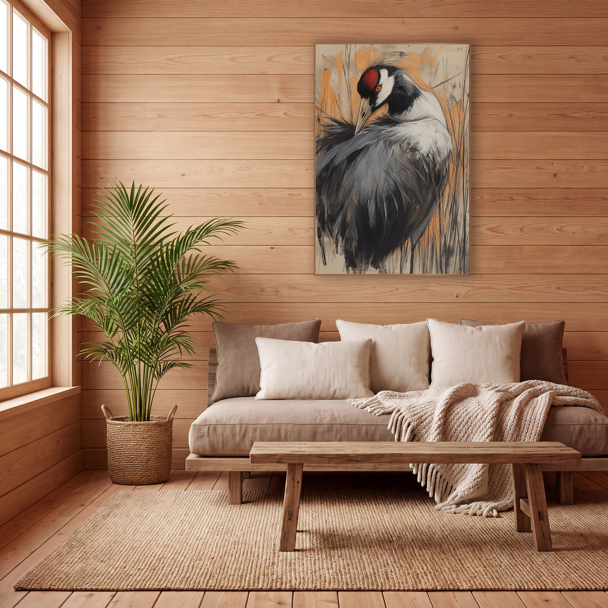 Preening Crane Charcoal Sketch Bird wall art in a calm Japandi-style room – crane with bowed head and red crown