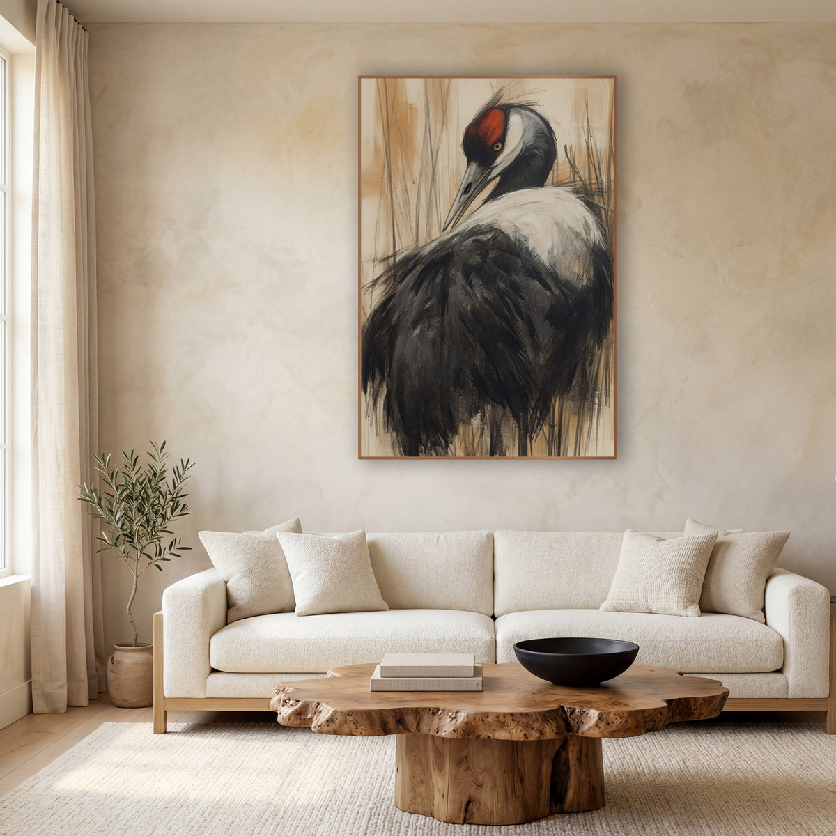 Crane Turned Back Cream Charcoal wall art in a calm Japandi-style room – charcoal-style drawing of a black and white