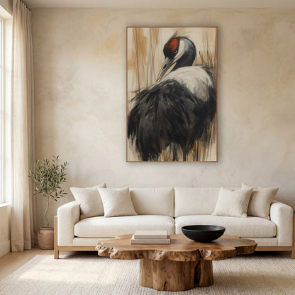 Crane Turned Back Cream Charcoal wall art in a calm Japandi-style room – charcoal-style drawing of a black and white