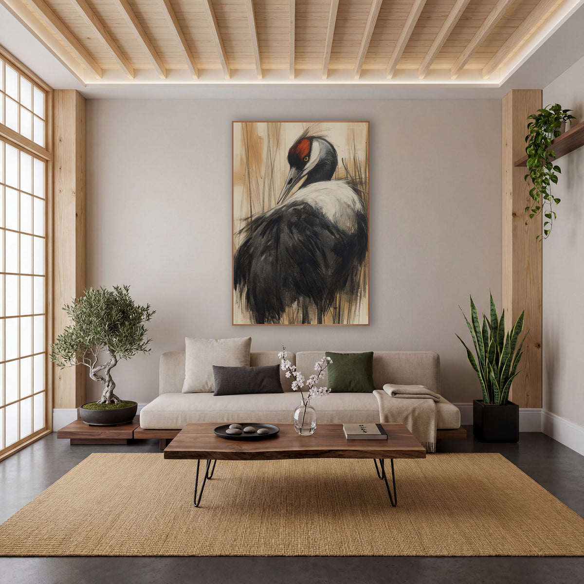 Crane Turned Back Cream Charcoal wall art in a calm Japandi-style room – charcoal-style drawing of a black and white