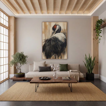 Crane Turned Back Cream Charcoal wall art in a calm Japandi-style room – charcoal-style drawing of a black and white