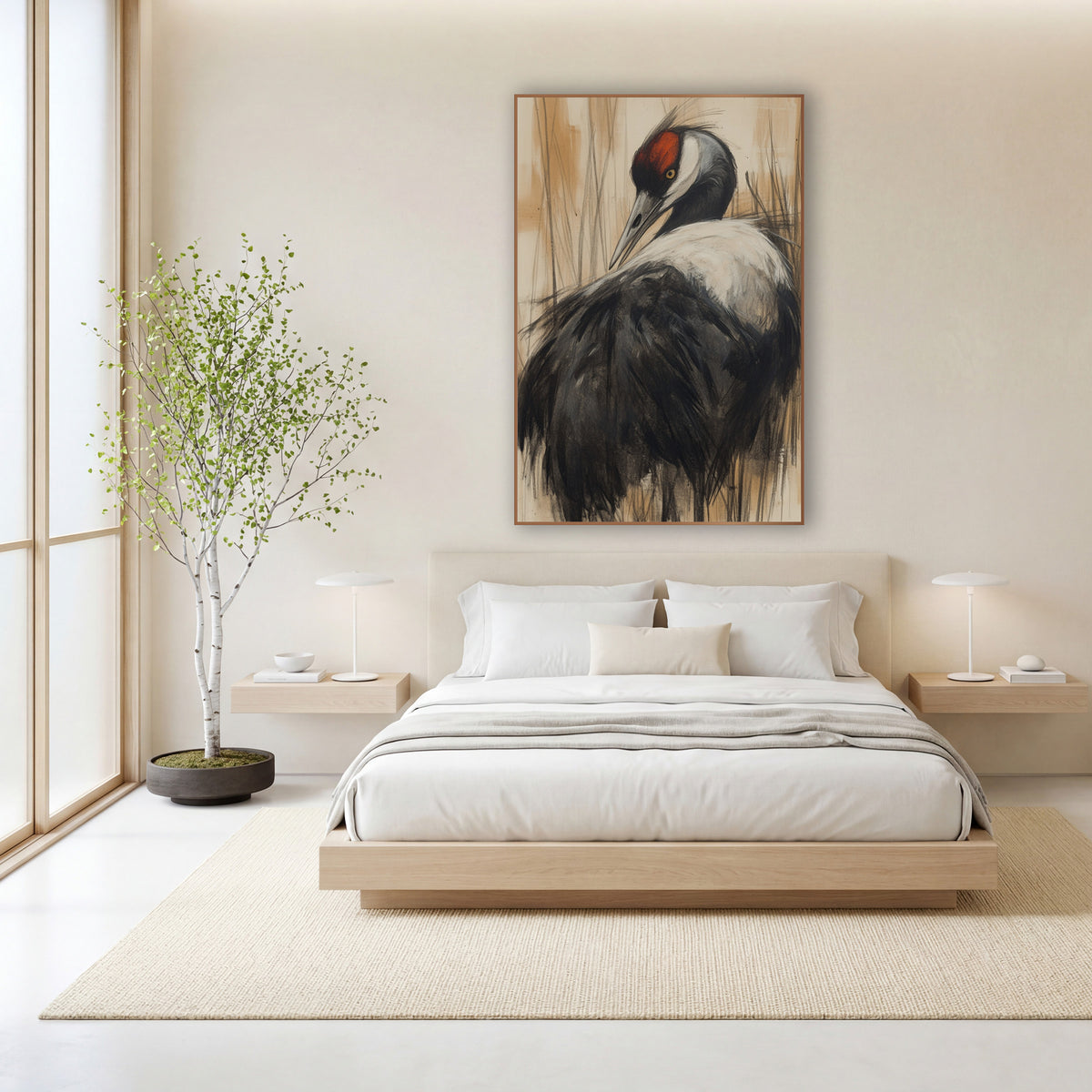 Crane Turned Back Cream Charcoal wall art in a calm Japandi-style room – charcoal-style drawing of a black and white