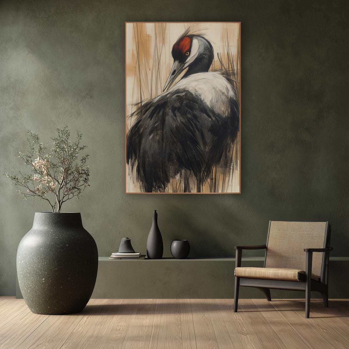 Crane Turned Back Cream Charcoal wall art in a calm Japandi-style room – charcoal-style drawing of a black and white