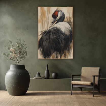 Crane Turned Back Cream Charcoal wall art in a calm Japandi-style room – charcoal-style drawing of a black and white