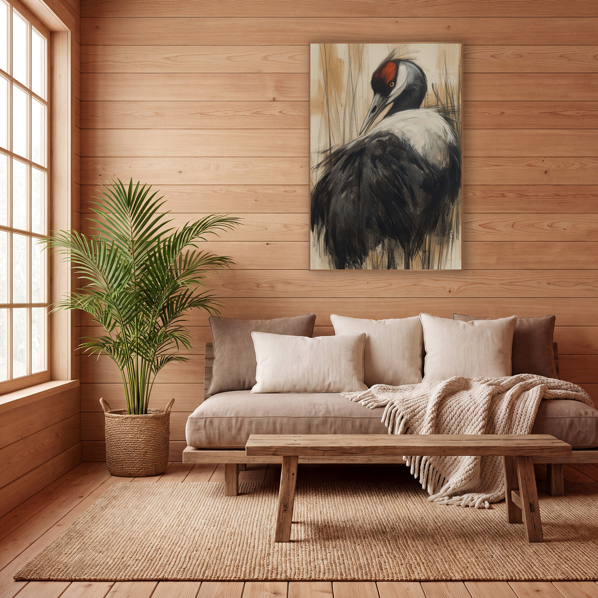 Crane Turned Back Cream Charcoal wall art in a calm Japandi-style room – charcoal-style drawing of a black and white