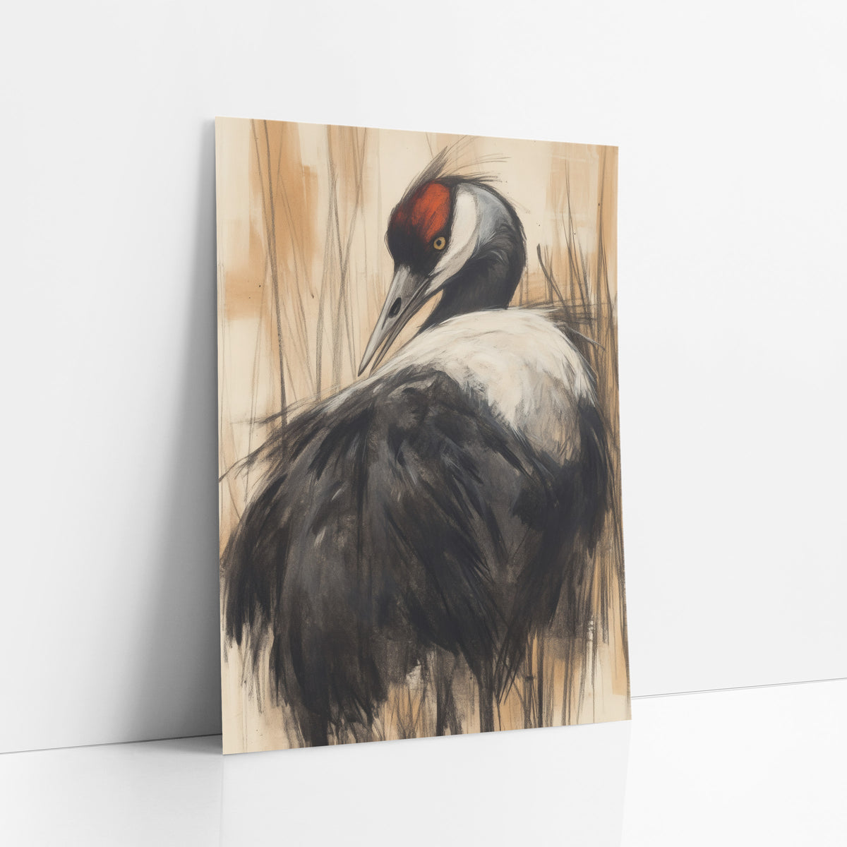 Crane Turned Back Cream Charcoal art print leaning against a white wall – charcoal-style drawing of a black and white crane