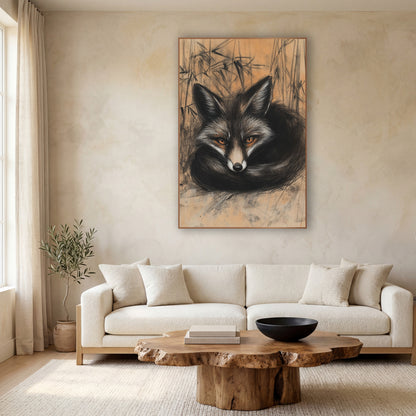 Curled Black Fox Charcoal Japandi wall art in a calm Japandi-style room – charcoal and chalk drawing of a black fox