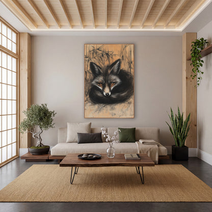 Curled Black Fox Charcoal Japandi wall art in a calm Japandi-style room – charcoal and chalk drawing of a black fox