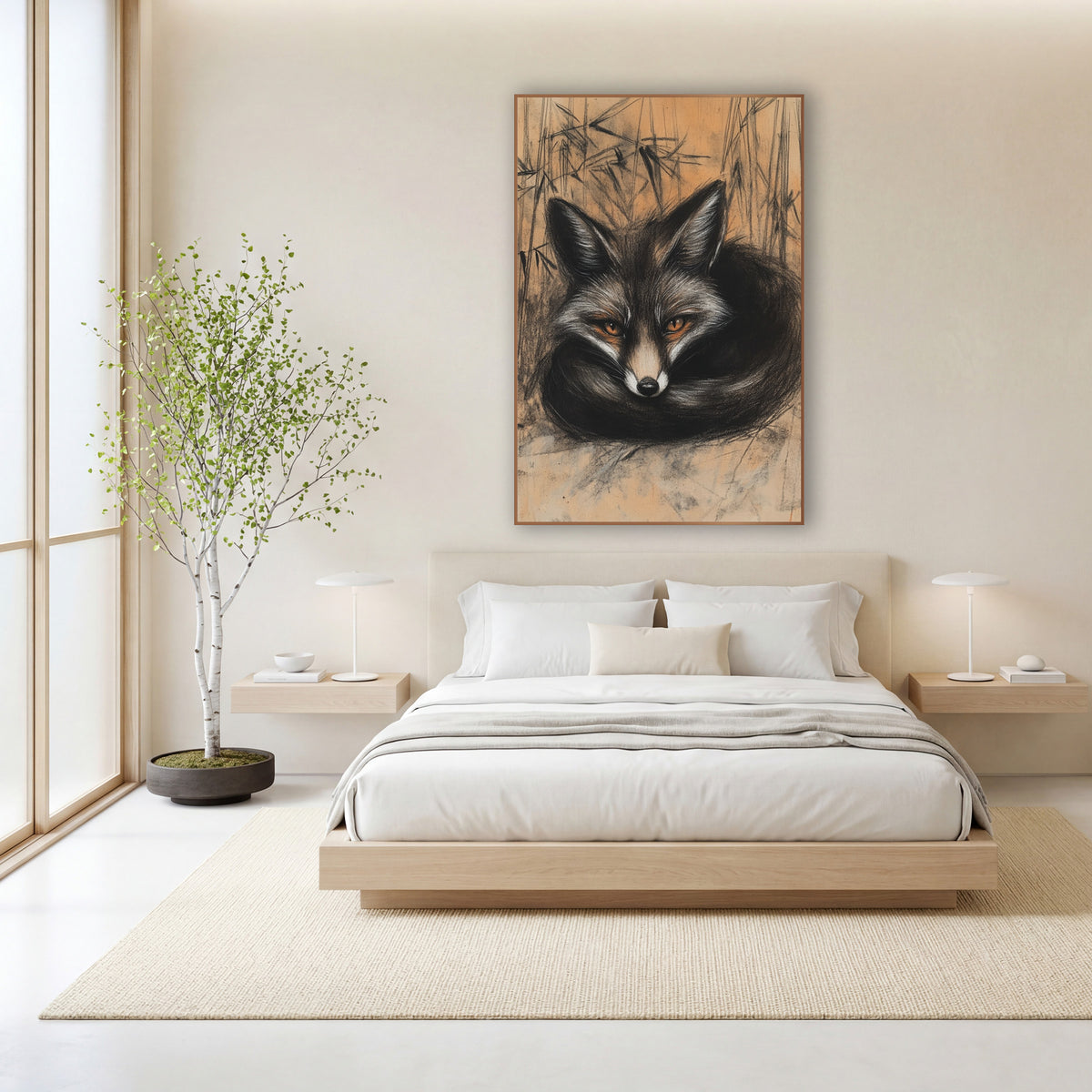Curled Black Fox Charcoal Japandi wall art in a calm Japandi-style room – charcoal and chalk drawing of a black fox