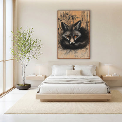 Curled Black Fox Charcoal Japandi wall art in a calm Japandi-style room – charcoal and chalk drawing of a black fox