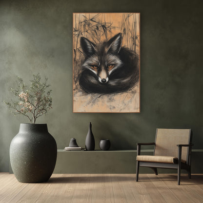 Curled Black Fox Charcoal Japandi wall art in a calm Japandi-style room – charcoal and chalk drawing of a black fox
