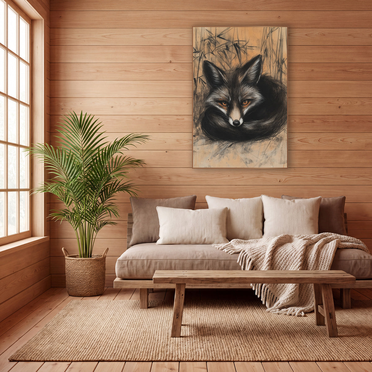 Curled Black Fox Charcoal Japandi wall art in a calm Japandi-style room – charcoal and chalk drawing of a black fox