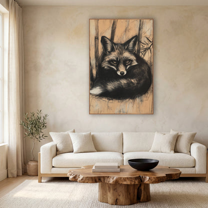 Charcoal Fox Bamboo Japandi wall art in a calm Japandi-style room – black and cream fox curled up among bamboo stalks