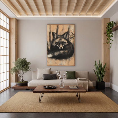 Charcoal Fox Bamboo Japandi wall art in a calm Japandi-style room – black and cream fox curled up among bamboo stalks