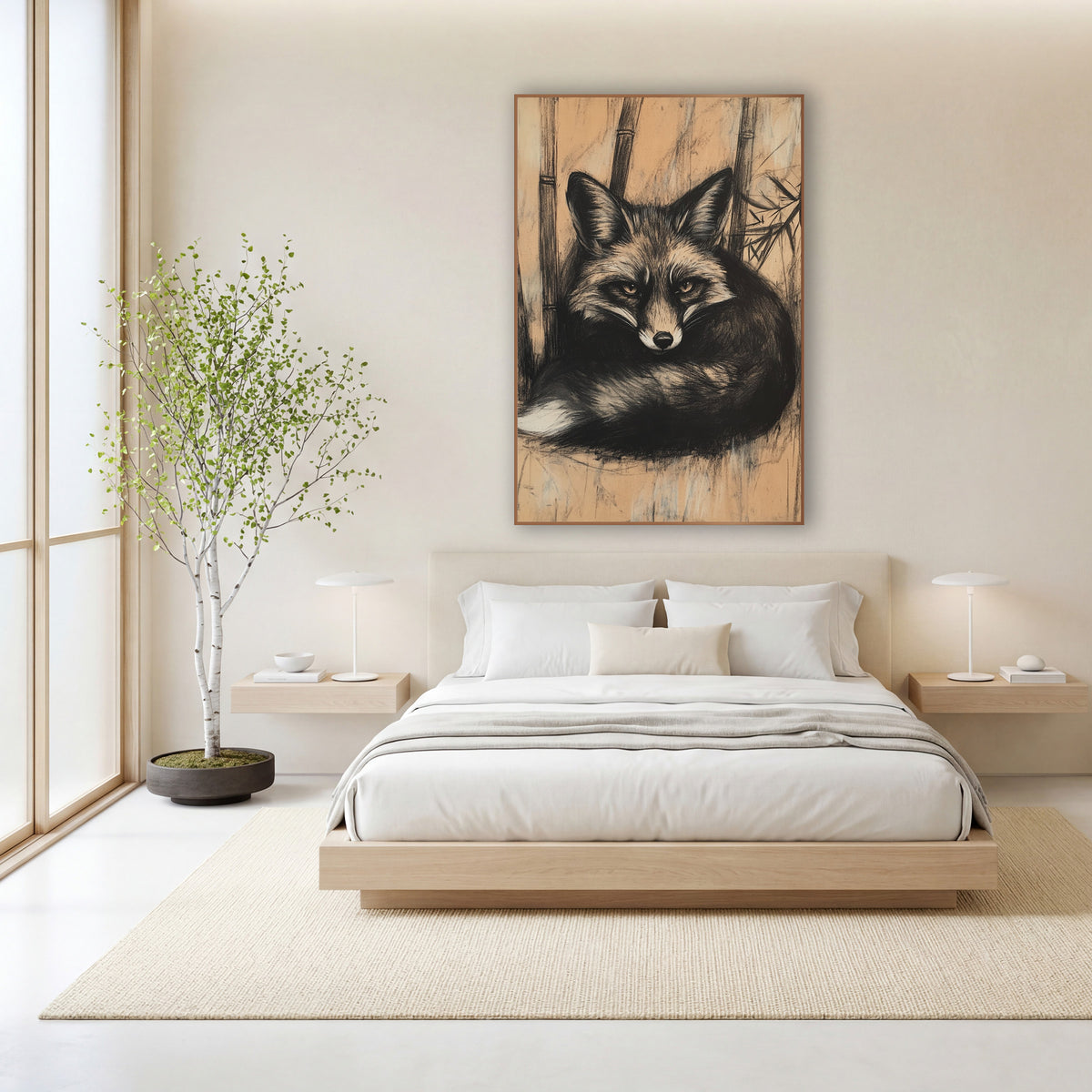 Charcoal Fox Bamboo Japandi wall art in a calm Japandi-style room – black and cream fox curled up among bamboo stalks