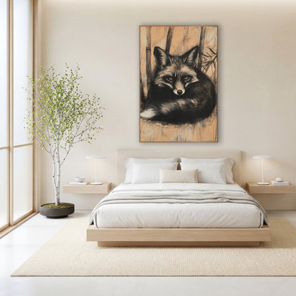 Charcoal Fox Bamboo Japandi wall art in a calm Japandi-style room – black and cream fox curled up among bamboo stalks