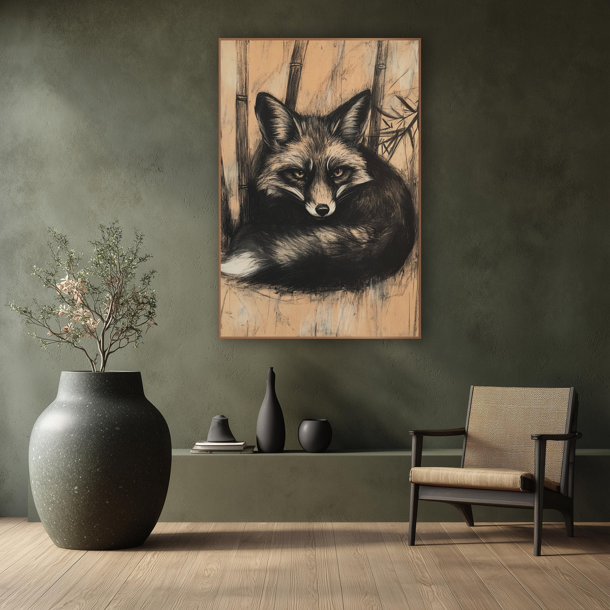 Charcoal Fox Bamboo Japandi wall art in a calm Japandi-style room – black and cream fox curled up among bamboo stalks