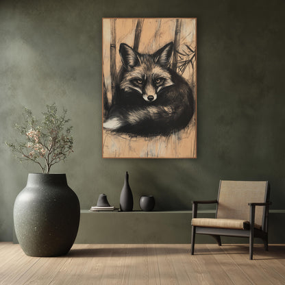 Charcoal Fox Bamboo Japandi wall art in a calm Japandi-style room – black and cream fox curled up among bamboo stalks
