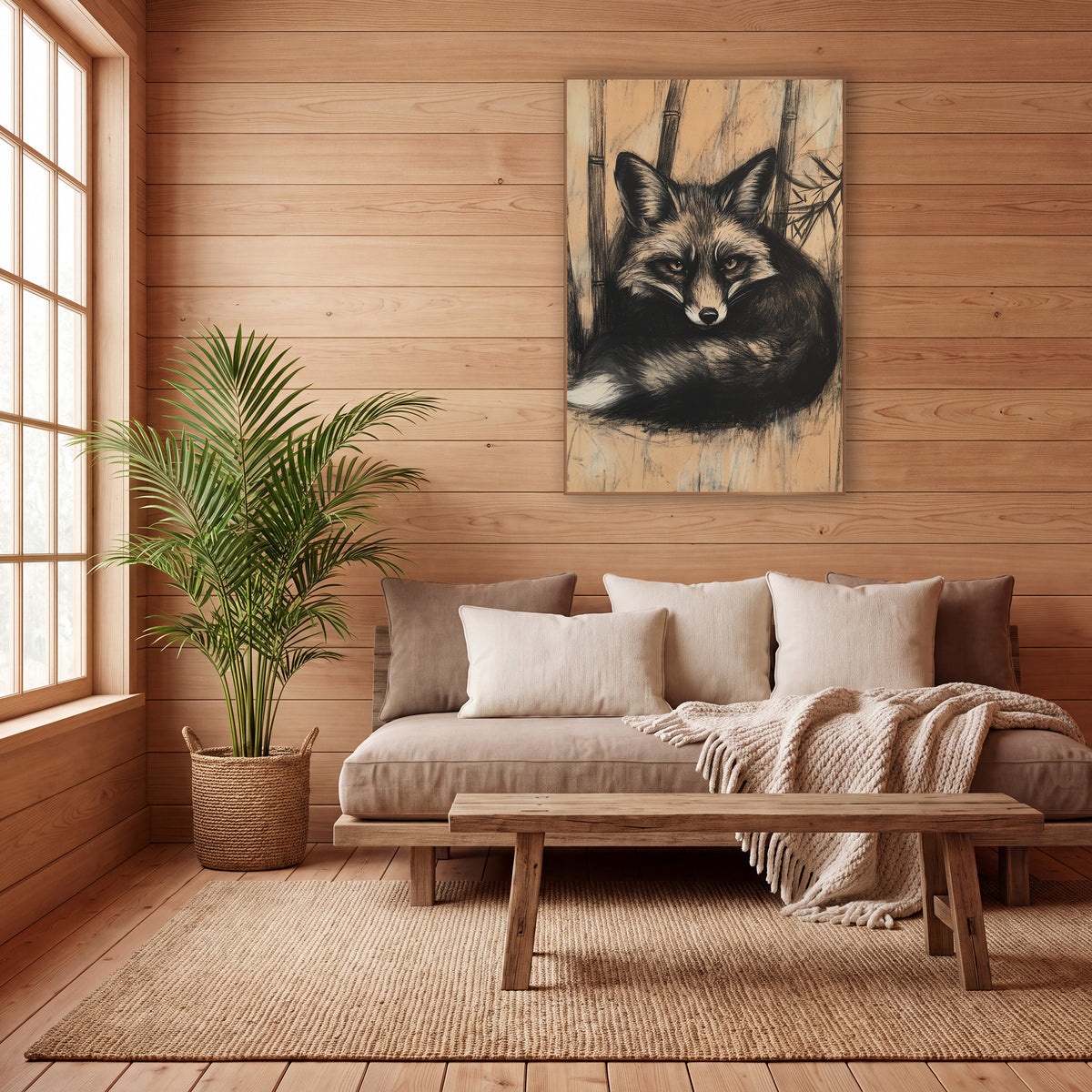 Charcoal Fox Bamboo Japandi wall art in a calm Japandi-style room – black and cream fox curled up among bamboo stalks