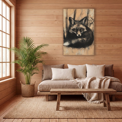 Charcoal Fox Bamboo Japandi wall art in a calm Japandi-style room – black and cream fox curled up among bamboo stalks