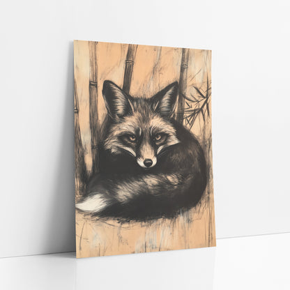 Charcoal Fox Bamboo Japandi art print leaning against a white wall – black and cream fox curled up among bamboo stalks