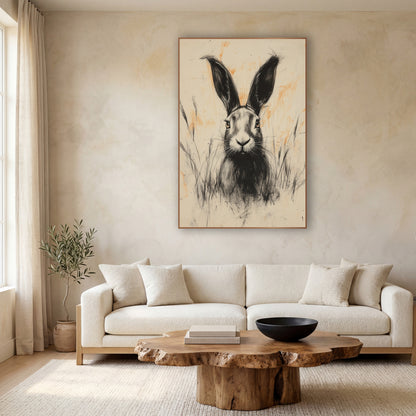 Charcoal Hare Peach Smudges Japandi wall art in a calm Japandi-style room – charcoal-style drawing of a hare with tall