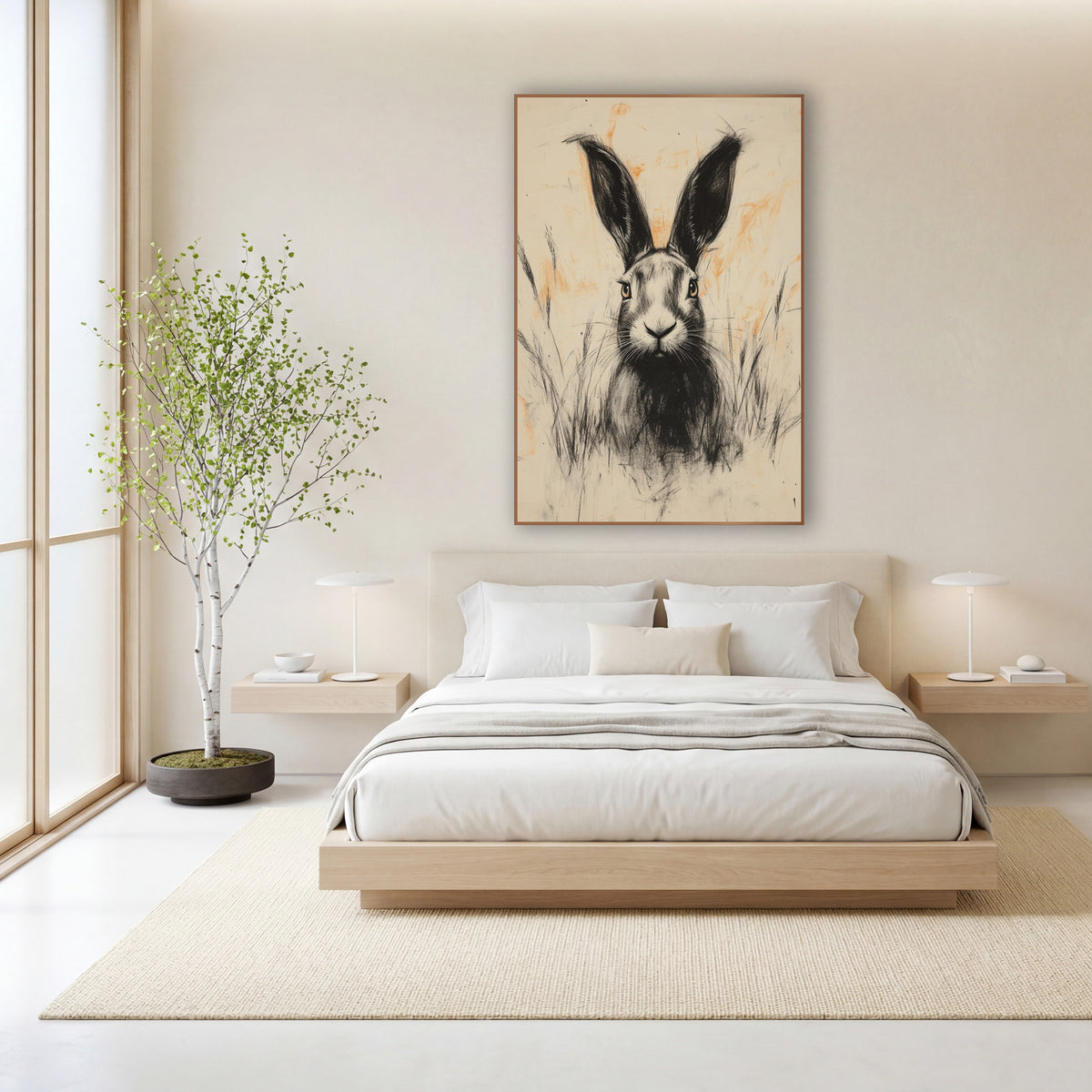 Charcoal Hare Peach Smudges Japandi wall art in a calm Japandi-style room – charcoal-style drawing of a hare with tall