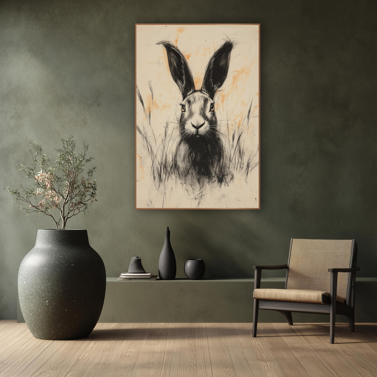 Charcoal Hare Peach Smudges Japandi wall art in a calm Japandi-style room – charcoal-style drawing of a hare with tall