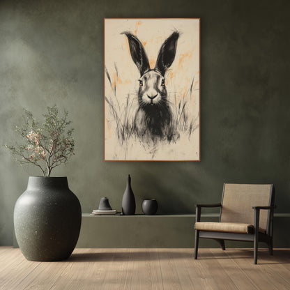Charcoal Hare Peach Smudges Japandi wall art in a calm Japandi-style room – charcoal-style drawing of a hare with tall