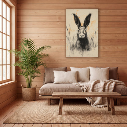 Charcoal Hare Peach Smudges Japandi wall art in a calm Japandi-style room – charcoal-style drawing of a hare with tall