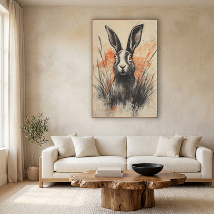 Hare Orange Splatter Charcoal Expressive wall art in a calm Japandi-style room – charcoal-style drawing of a hare